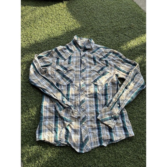 True Religion Shirt Large Button Up Plaid Western Cowboy Core Pearl Snap Rodeo - Picture 1 of 7